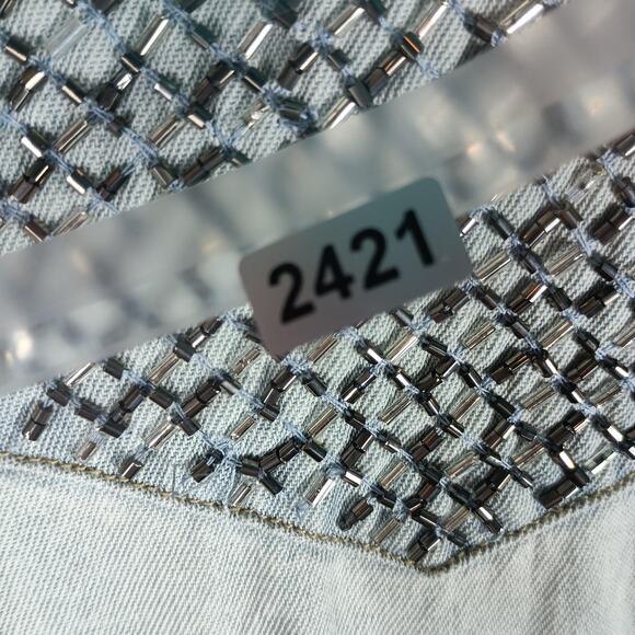 AllSaints Raine Denim Shirt Womens 0 Blue Hand Embellished Distressed Beaded - Picture 13 of 14